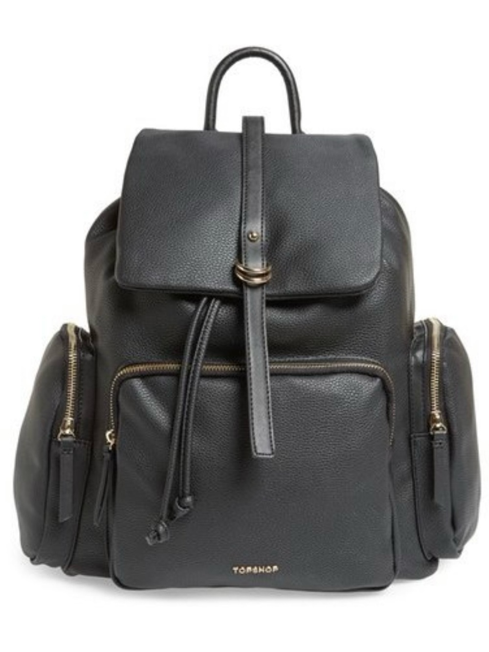 NWOT Topshop Black & Gold Vegan Faux Leather Drawstring Backpack
